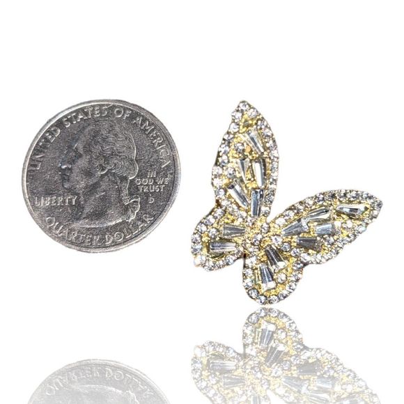 Gold-Tone Round and Baguette White Crystal Butterfly Pierced Earrings - Picture 6 of 6